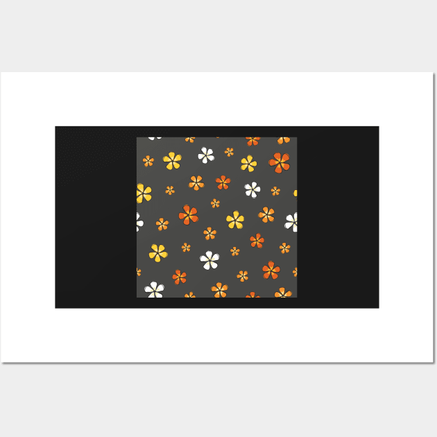 Doodle orange and yellow Hibiscus flowers on gray background Wall Art by MegMarchiando